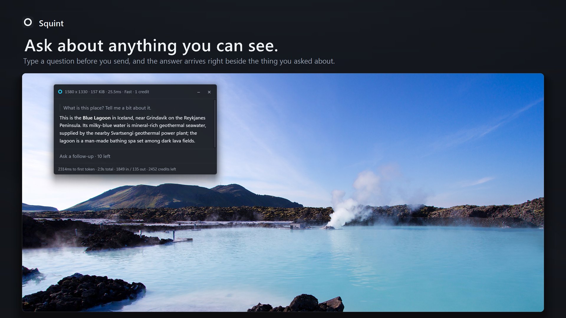 Squint's answer panel beside a photo of the Blue Lagoon. Asked “What is this place? Tell me a bit about it.”, it names the Blue Lagoon in Iceland, near Grindavík, and explains that its milky-blue water is geothermal seawater from the nearby Svartsengi power plant.